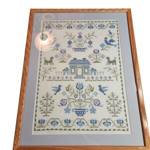 Vintage Framed Cross Stitch Sampler Folk Art House Birds Floral Oak Frame 21x27